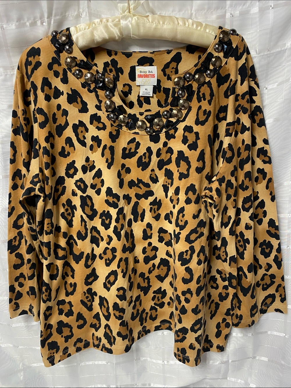 Ruby Rd. Leopard Print Jewel-Neck Long Sleeve Top - Tan/Black